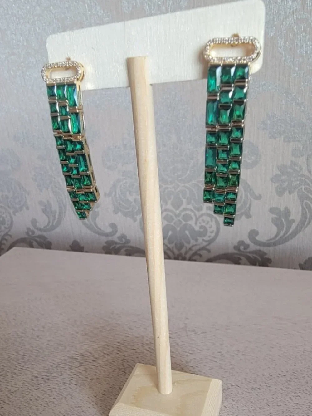 Green Glass and Simulated Diamond Earrings in Gold Tone